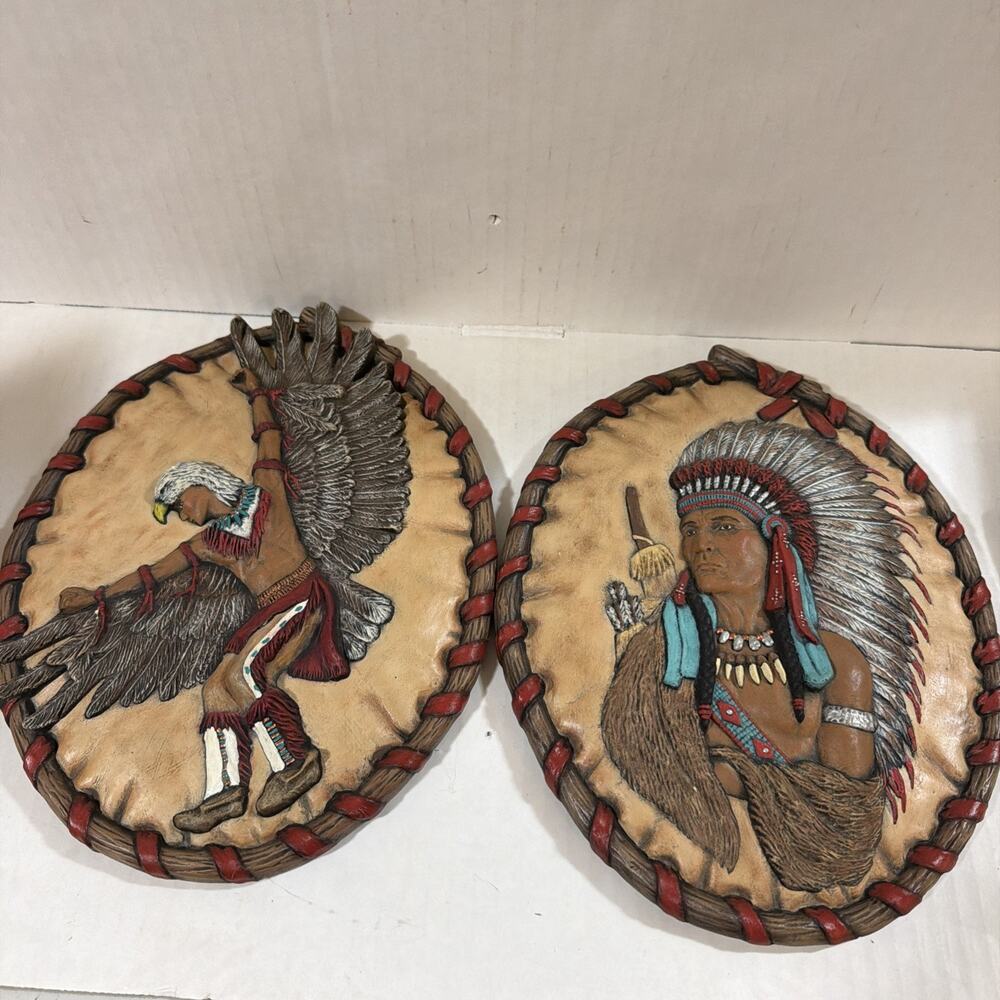 Vintage Ceramic Wall Decor Plaques Native American Handmade & Painted